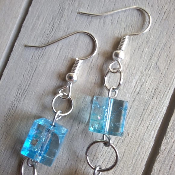 Rose Quartz Pink and Blue Silver Dangle Earrings Pastel Soft Boho Artsy Gifts - Picture 4 of 4